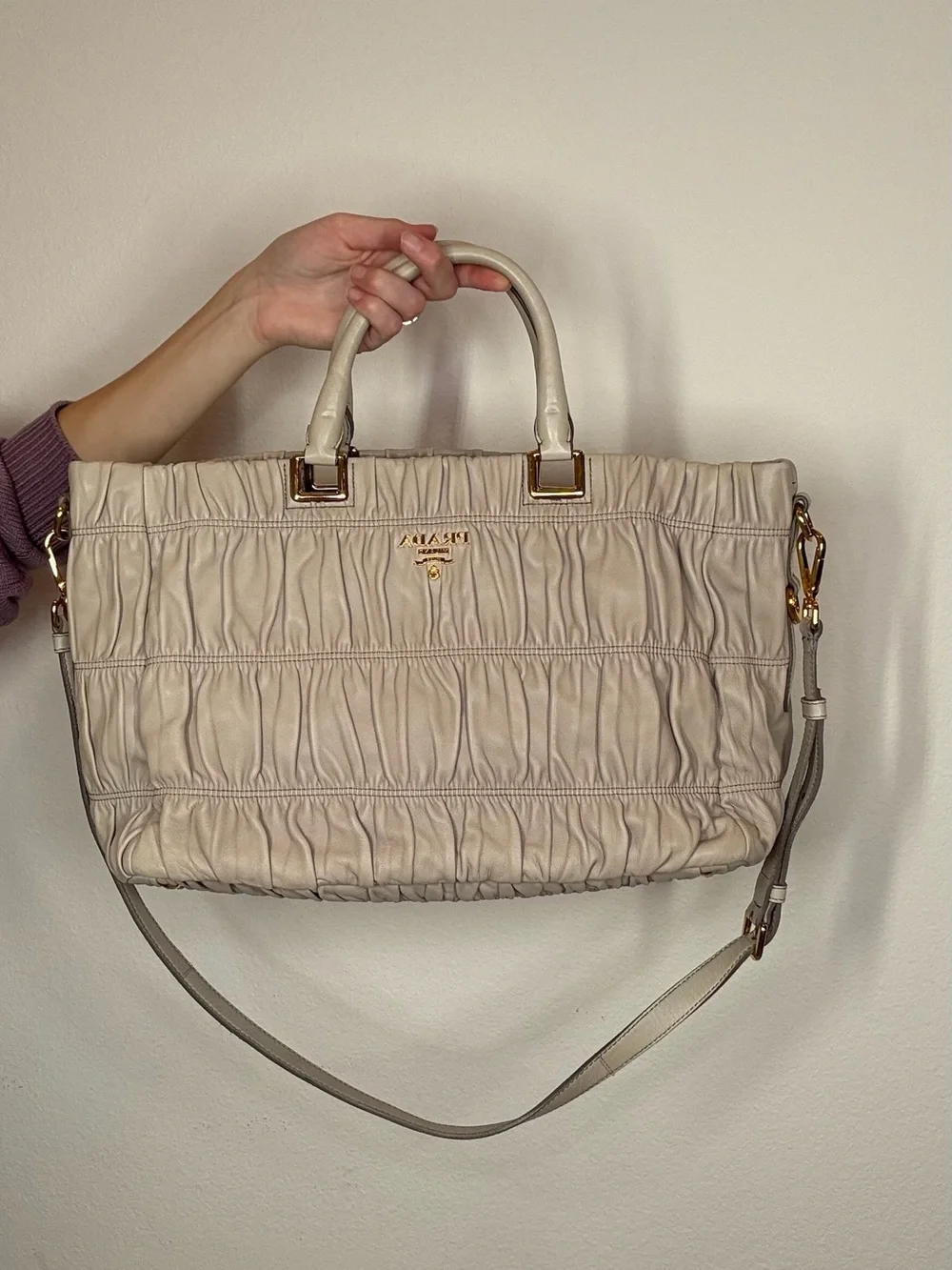 Prada Cream Ruched Leather Tote with Gold Hardware